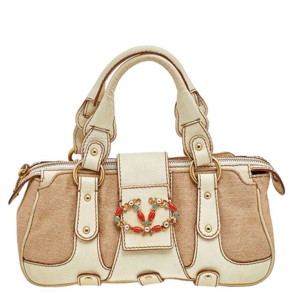 Valentino Cream/Beige Fabric And Leather VLogo Flap Shoulder Bag - Picture 1 of 4